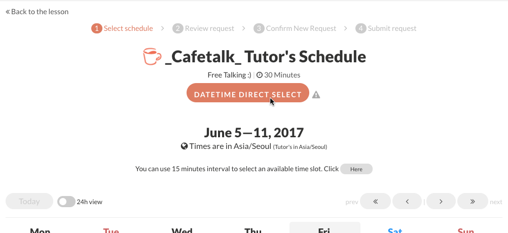 Click on the ‘Manually set lesson request time’ button Click on the ‘Manually set lesson request time’ button