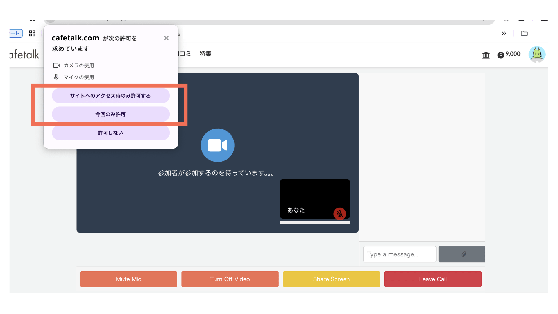 カメラとマイクを許可
